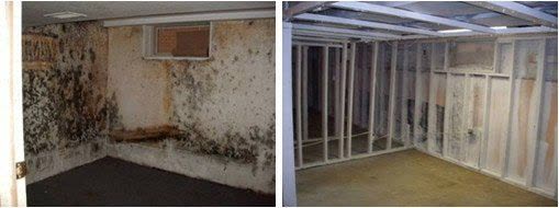 Illustrative before-and-after view of moisture-affected materials and a remediated space